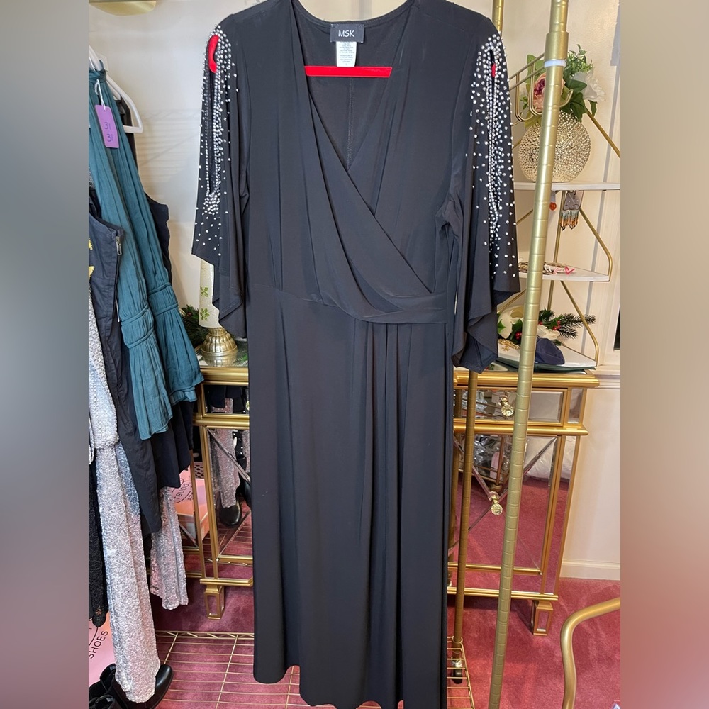 MSK black elegant classy dress decorative silver beads cold shoulder Large